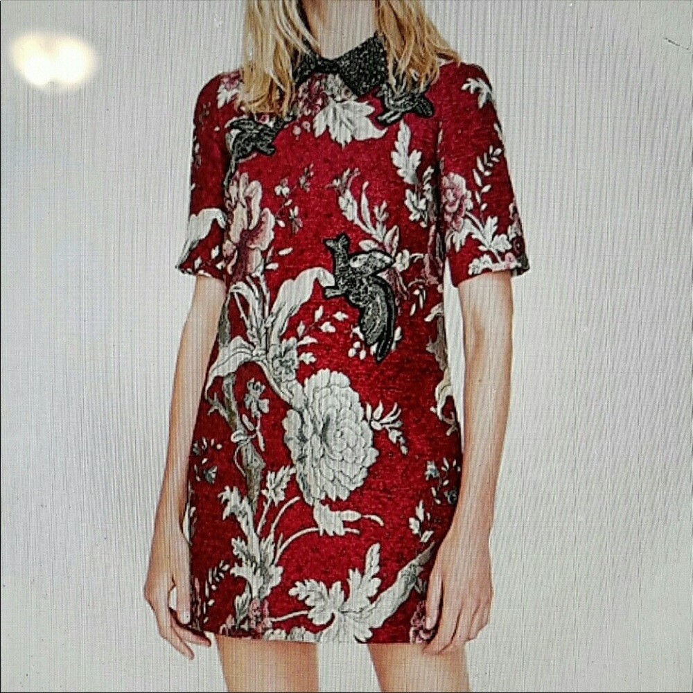 ISO Zara Red Floral Jacquard Beaded Sequin dress